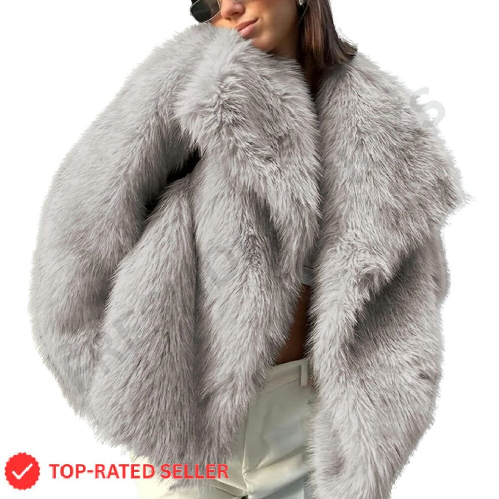 Faux Fur Coat Oversized Lapel Shaggy Fuzzy Winter Jacket Chic Warm